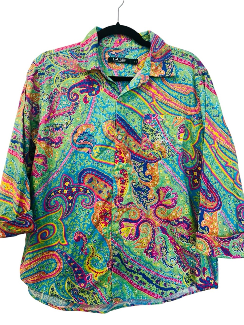 Lauren Ralph Lauren Womens Monogrammed Paisley Button Up 3/4 Sleeve Shirt SZ M